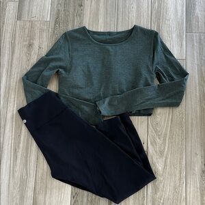 Lululemon Ebb to Street Green Ribbed Crop Top with Black Leggings bundle